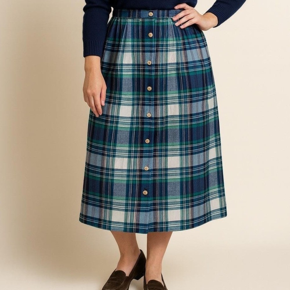 Alfred Dunner Vintage Plaid Button Front Midi Skirt Blue Green White Size 12‎